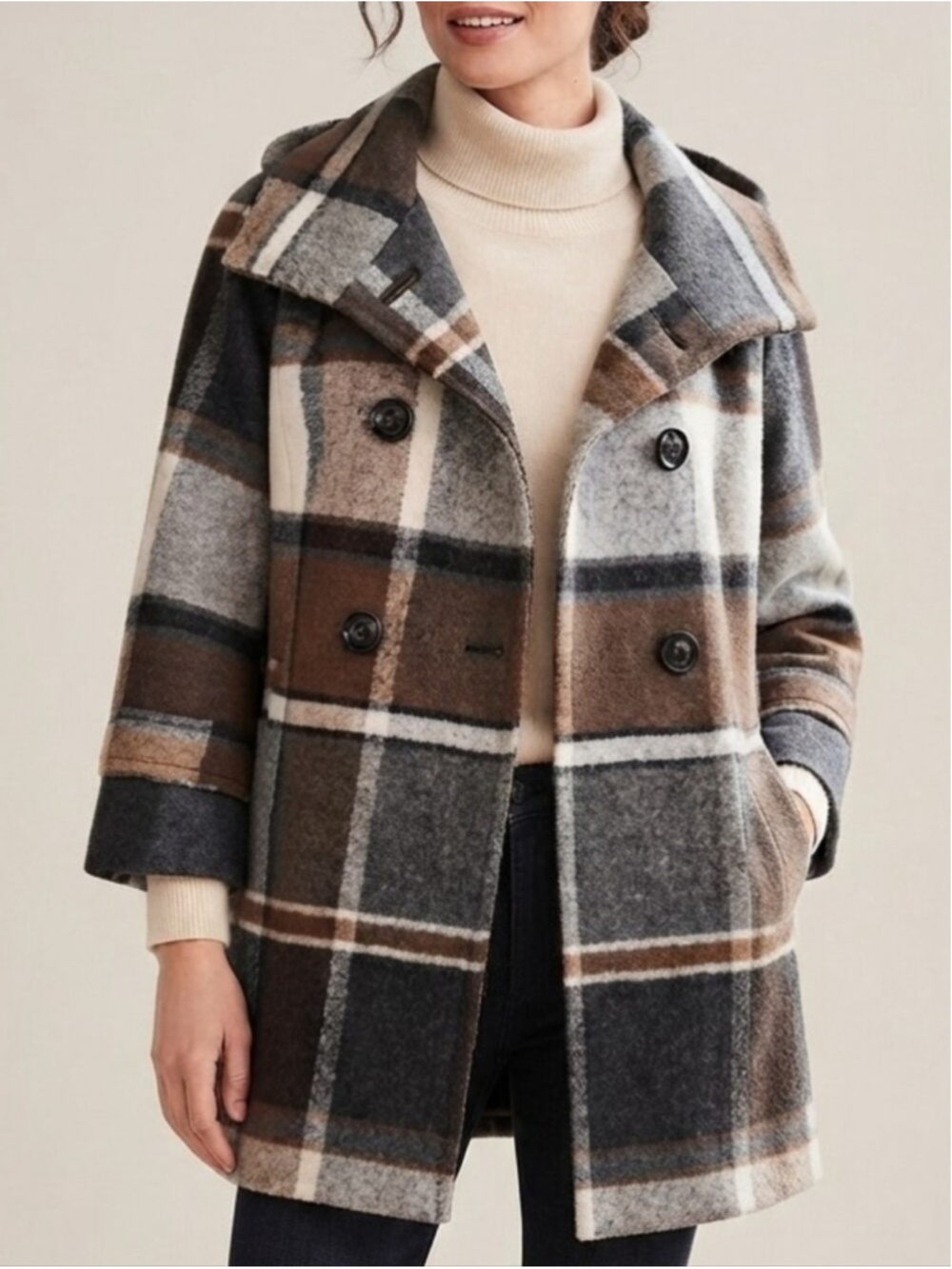 Anthropologie Elevenses Plaid Tartan Pea Coat Wool Blend Sz S Hooded High Neck